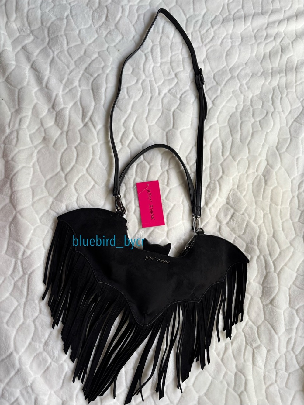 Betsey Johnson Black Bat-Shaped Crossbody Bag with Fringe - Picture 2 of 13